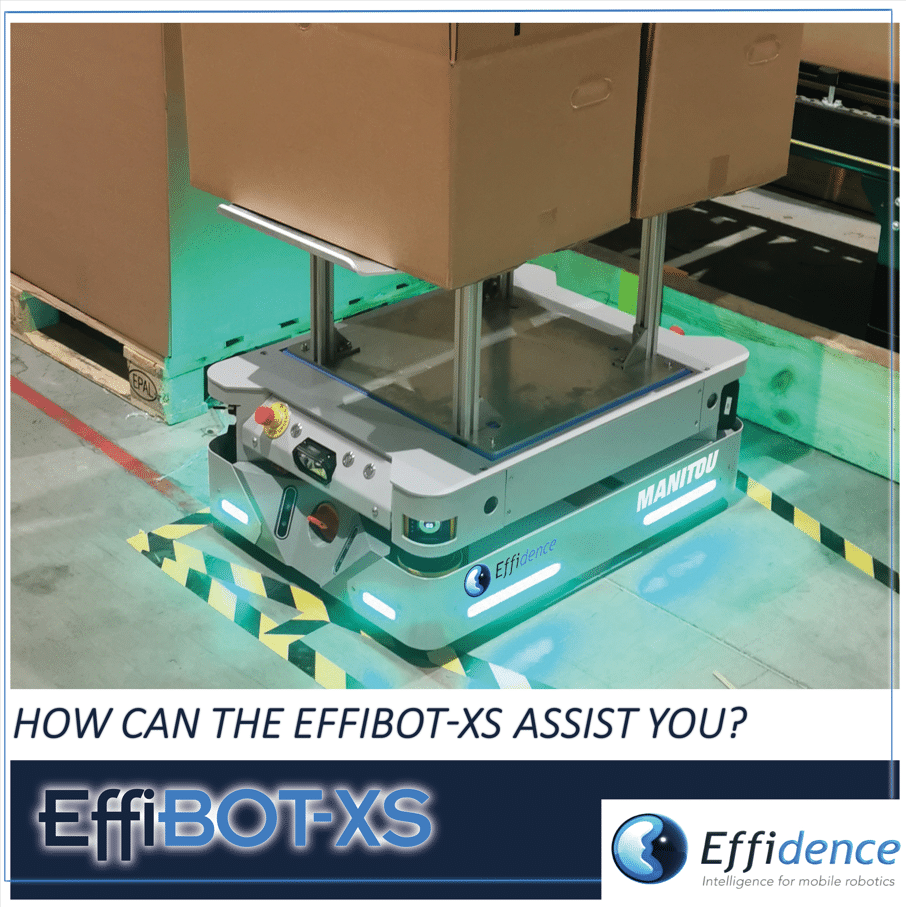 The EffiBOT-XS assists you in conveying loads up to 300 kg (delivering trolleys, lifting loads, conveying on mobile rollers, etc.).
